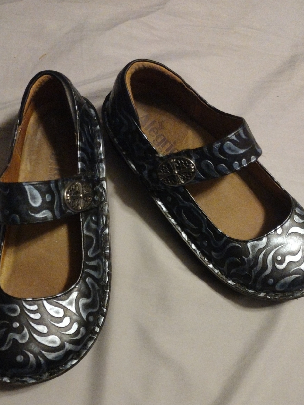 Alegria Black and Silver Patterned Mary Jane Clogs